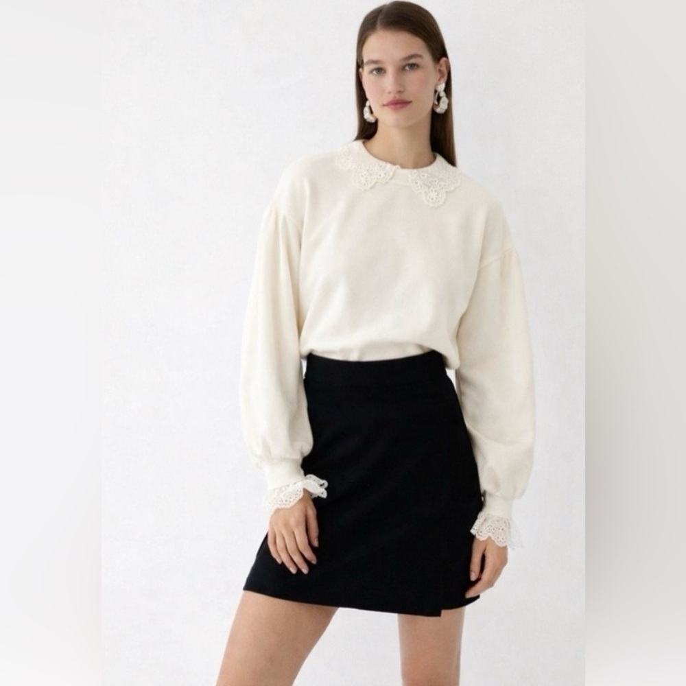 J.Crew Ivory Lace Collar Crewneck Sweatshirt | Size L, 100% Cotton